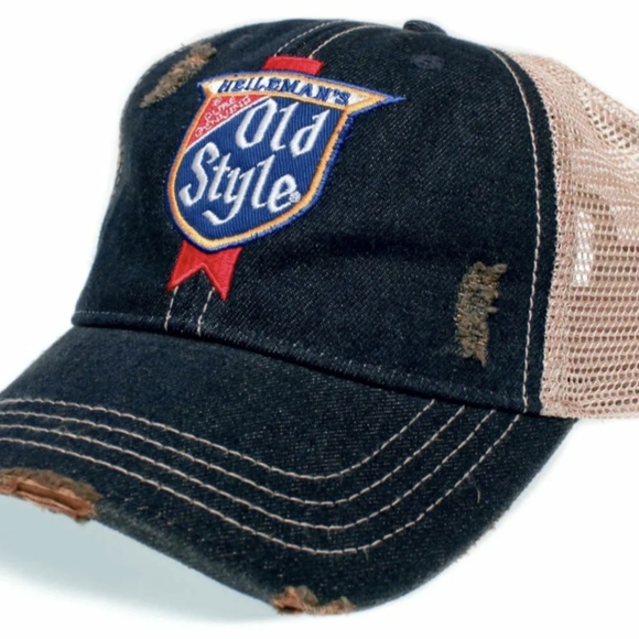 Heileman's Old Style Beer Vintage Hat Blue Denim Cap Distressed Beige Mesh Truck - Picture 4 of 5